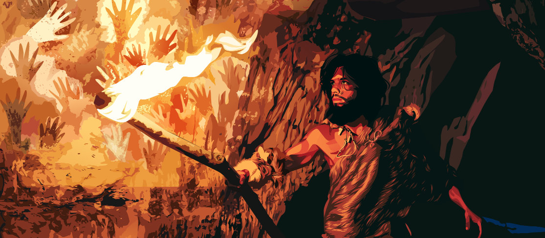 Art from Unlucky Last. A caveman explores a cave using a stick on fire to view the handprints on the cave wall.