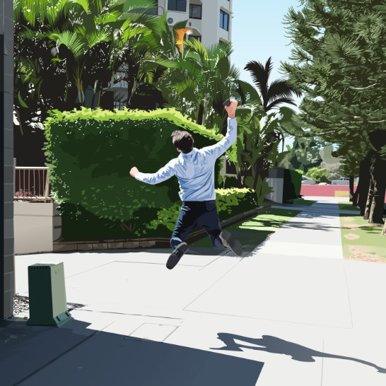 Art from Unlucky Last. The hero of the story leaps in the air on the sidewalk, with beautiful trees in the background.