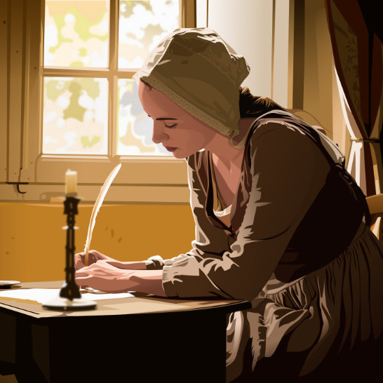 Art from Unlucky Last. A young woman wearing a bonnet and 1900s clothing writes a letter with a quill at a small table by a window.