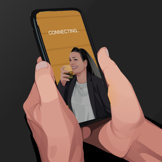 Art from Unlucky Last. A man's hands hold a smartphone. On the screen, the word "connecting.." appears over a woman dressed in business clothes laughs as drinks from a crystal glass.