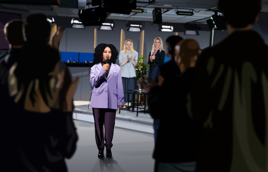 Art from Unlucky Last. A TV talk show host stands at the edge of the crowd, the lights shine down on her while her interviewees wait in the background.