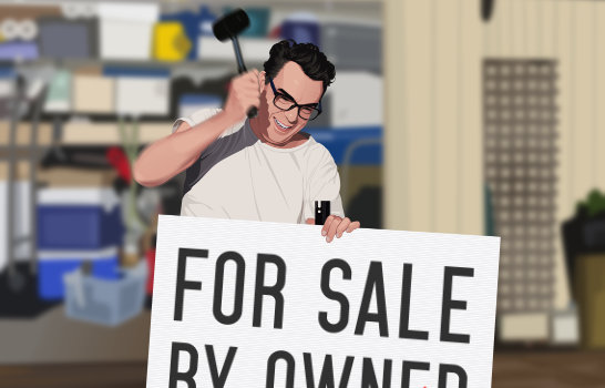 Art from Unlucky Last. A man stands in front of his open garage, gleefully swinging a small black mallet to hammer in a sign that says "for sale by owner".