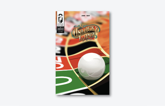 The front cover of Unlucky Last, a roulette pill looms large and has stopped on zero on the roulette wheel.