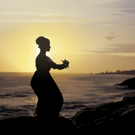Art from Unlucky Last. A woman in silouhette performs a traditional Indian dance on a cliff by the ocean at sunset.