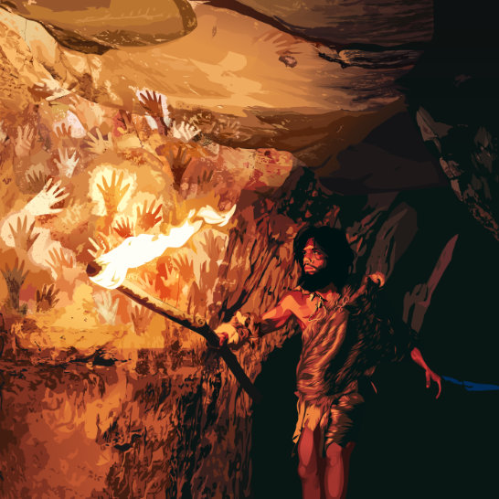 Art from Unlucky Last. A caveman explores a cave using a stick on fire to view the handprints on the cave wall.