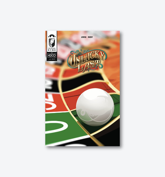 The front cover of Unlucky Last, a roulette pill looms large and has stopped on zero on the roulette wheel.
