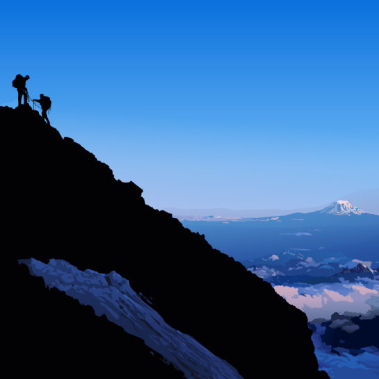 Art from Unlucky Last. Two mountain climbers  reach the peak above the clouds against a blue sky, another snow covered mountain is visible in the far distance.